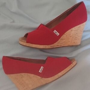 TOMS Red Canvas Wedge Sandals with Cork Heel